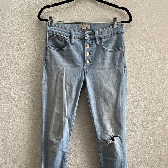 Madewell 9" High Rise Skinny Jeans Distressed 27 / 25 Inch Inseam Light Wash - Picture 1 of 8